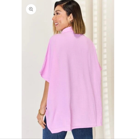 🐚NWOT Zenana "Texture Button Up Short Sleeve High-Low Shirt" Sand Beige🐚 Sz XL - Picture 12 of 14